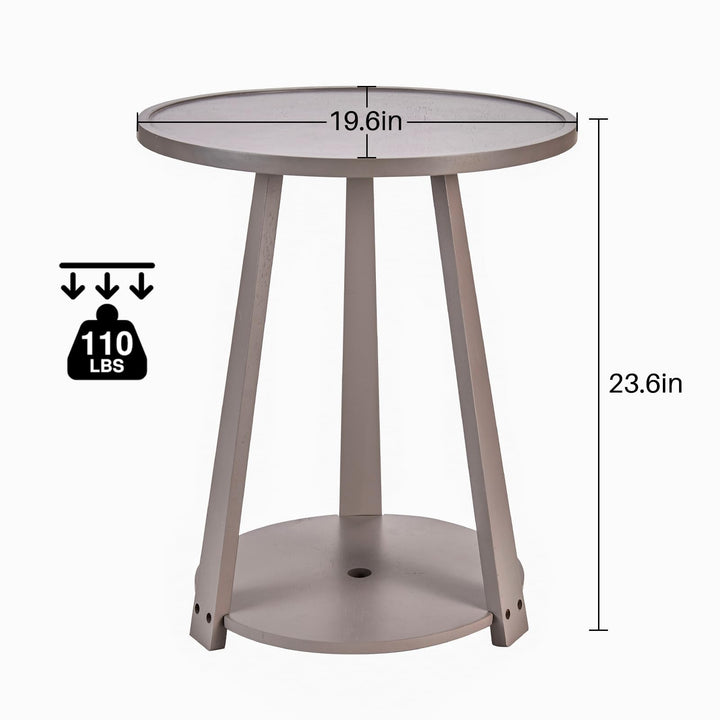 Gray Solid Wood Round Side Table with Shelf