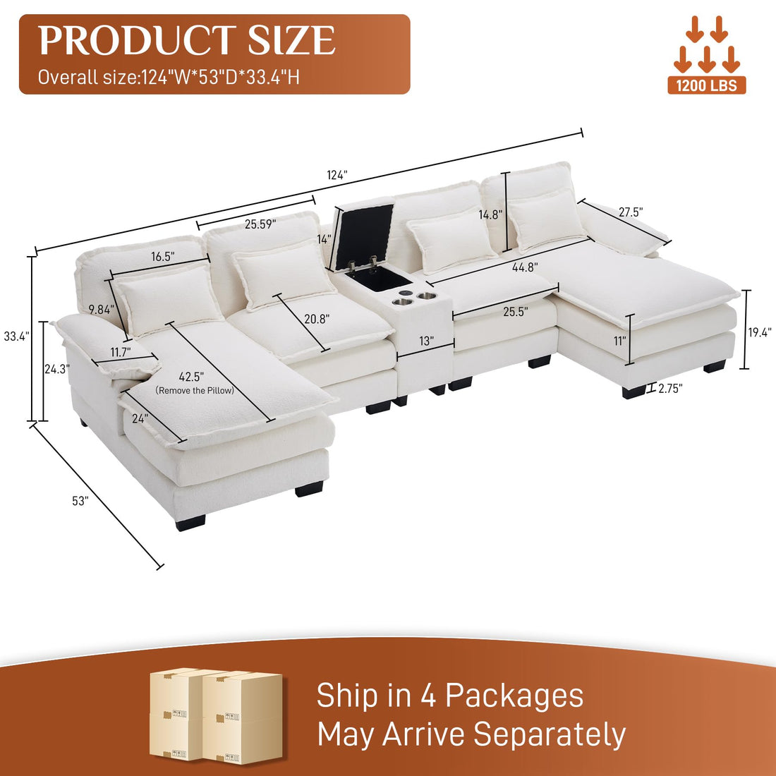 124" U-Shaped Cloud Sofa with USB