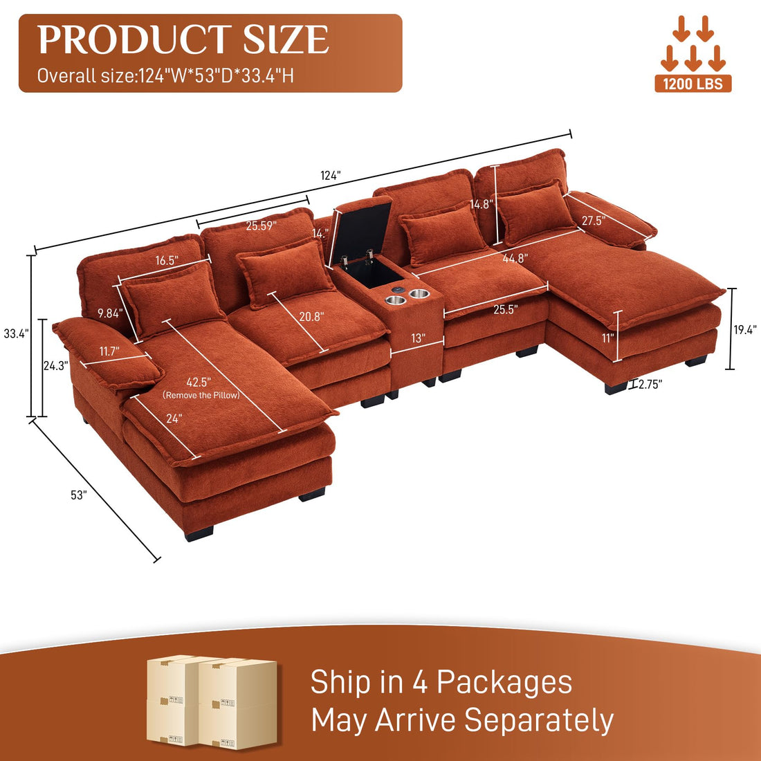 124" U-Shaped Cloud Sofa with USB