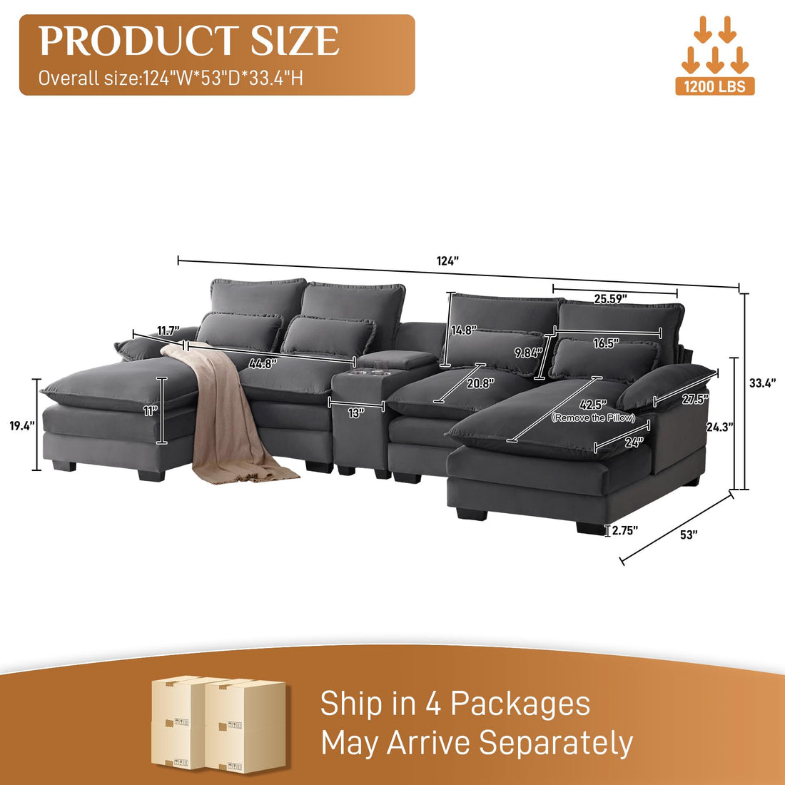 124" U-Shaped Cloud Sofa with USB
