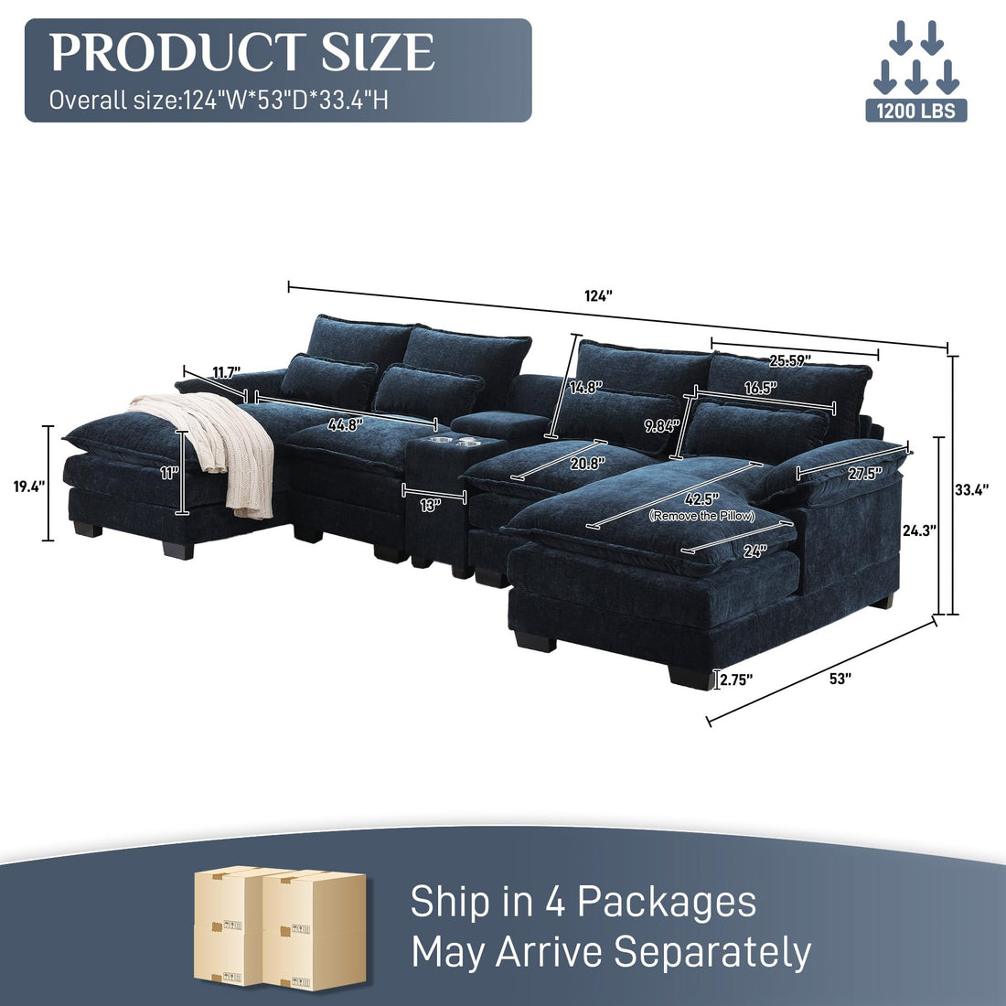 124" U-Shaped Cloud Sofa with USB
