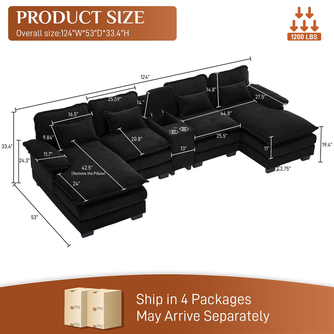 124" U-Shaped Cloud Sofa with USB