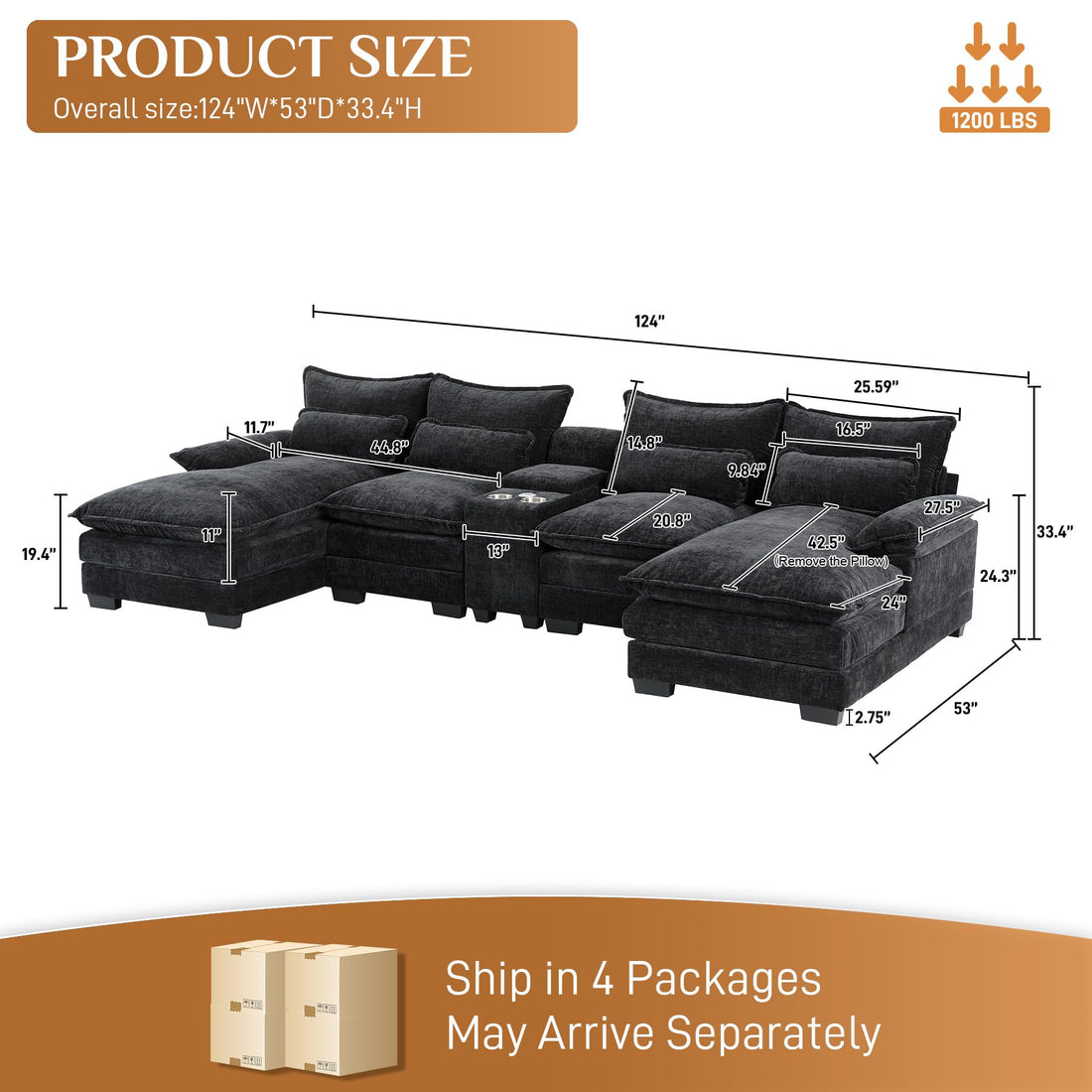 124" U-Shaped Cloud Sofa with USB