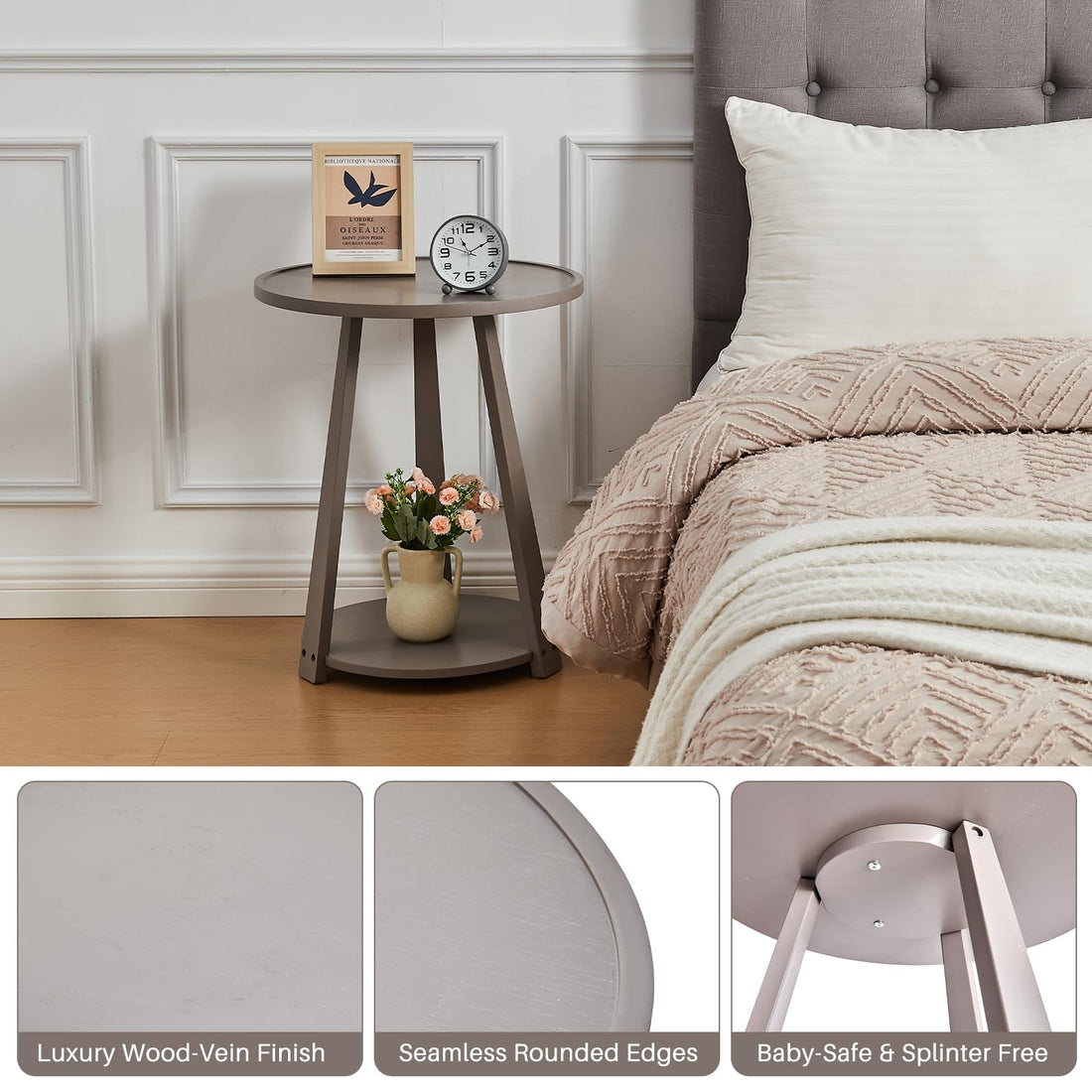 Gray Solid Wood Round Side Table with Shelf