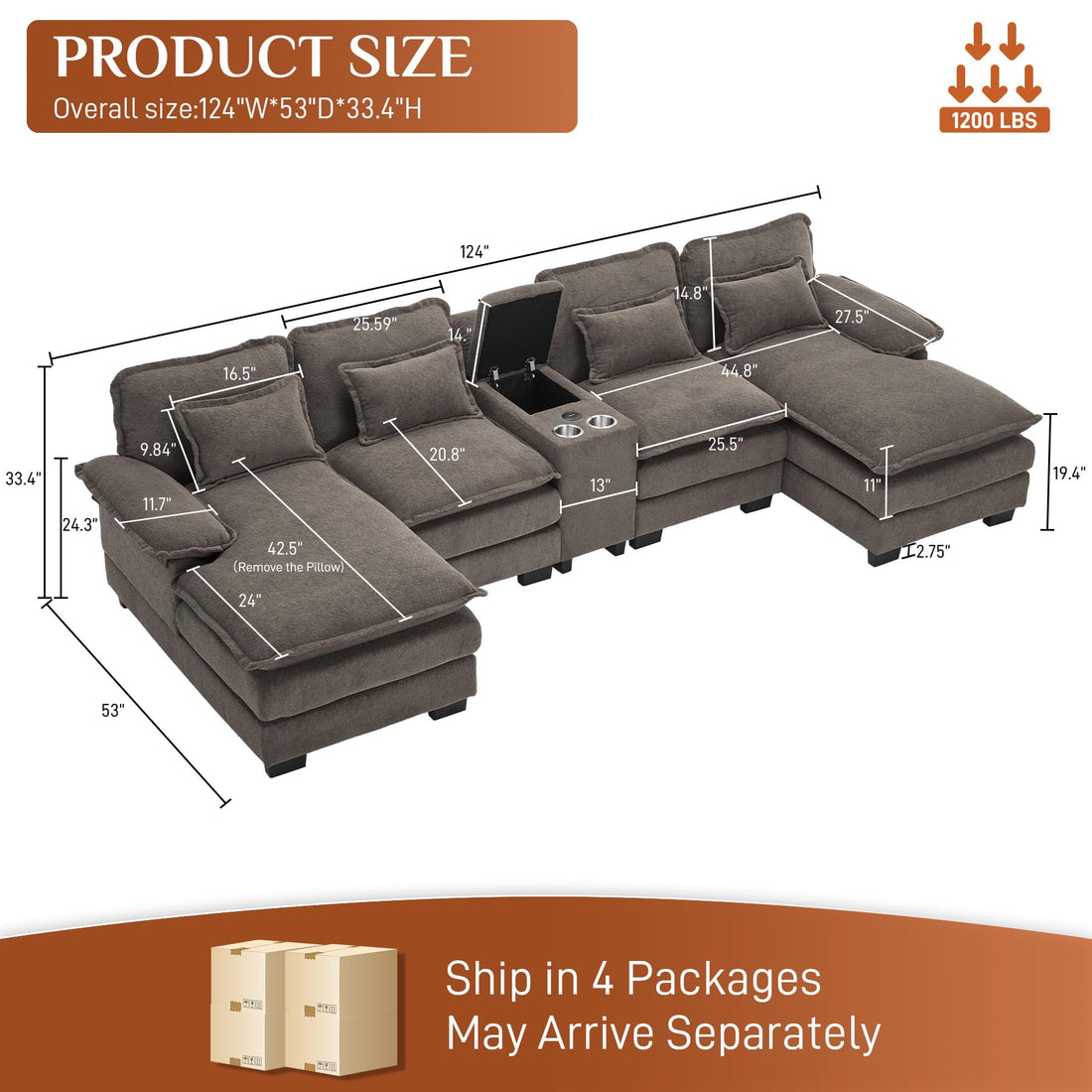 124" U-Shaped Cloud Sofa with USB