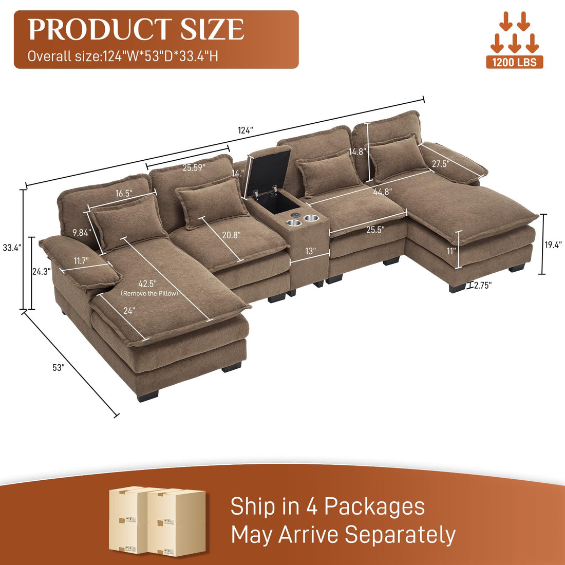124" U-Shaped Cloud Sofa with USB