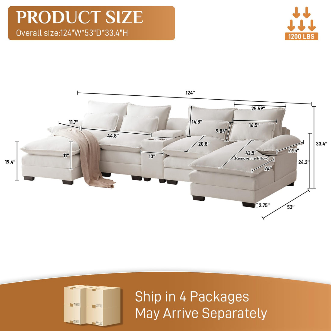 124" U-Shaped Cloud Sofa with USB