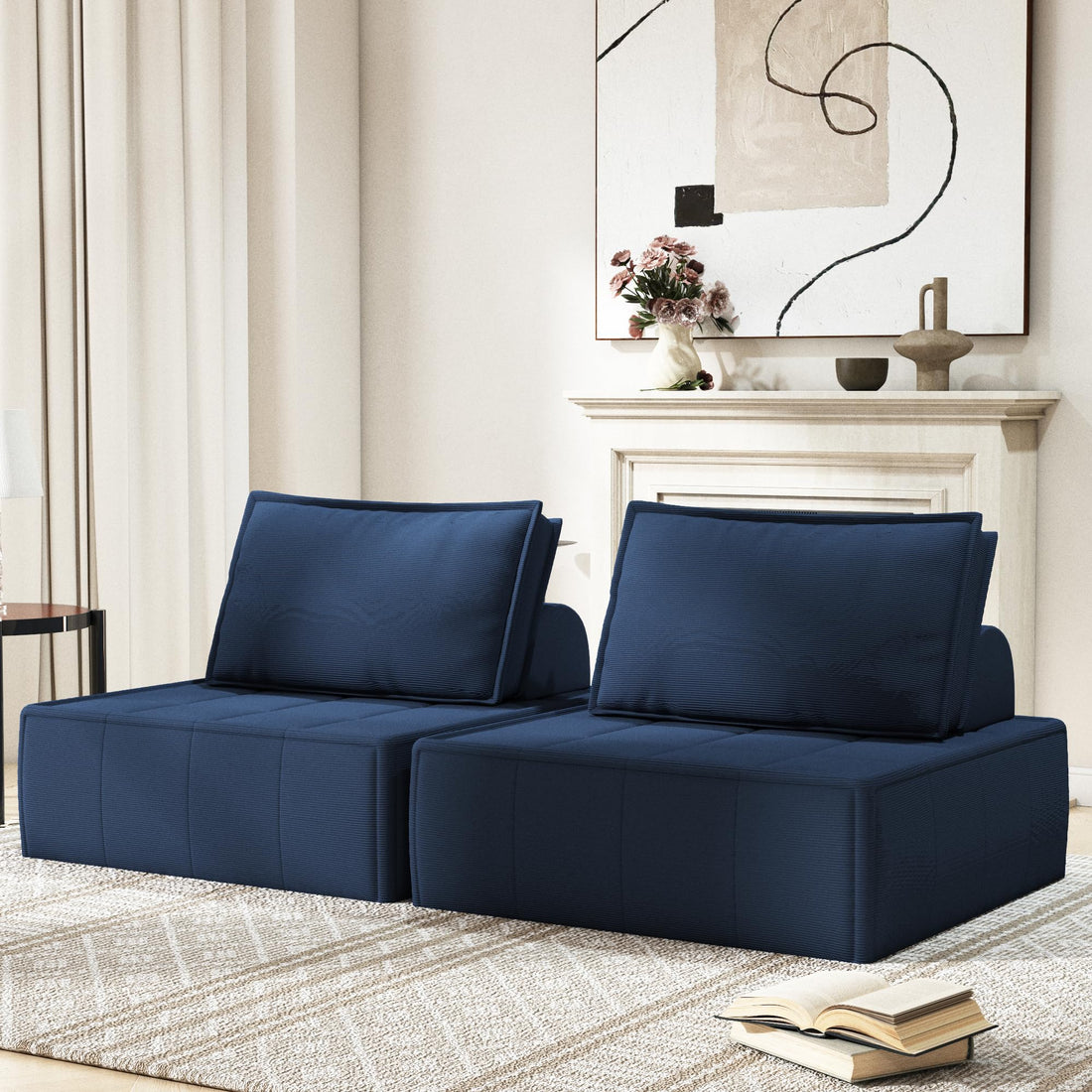 Modular Blue Corduroy Sofa Sleeper – 35"