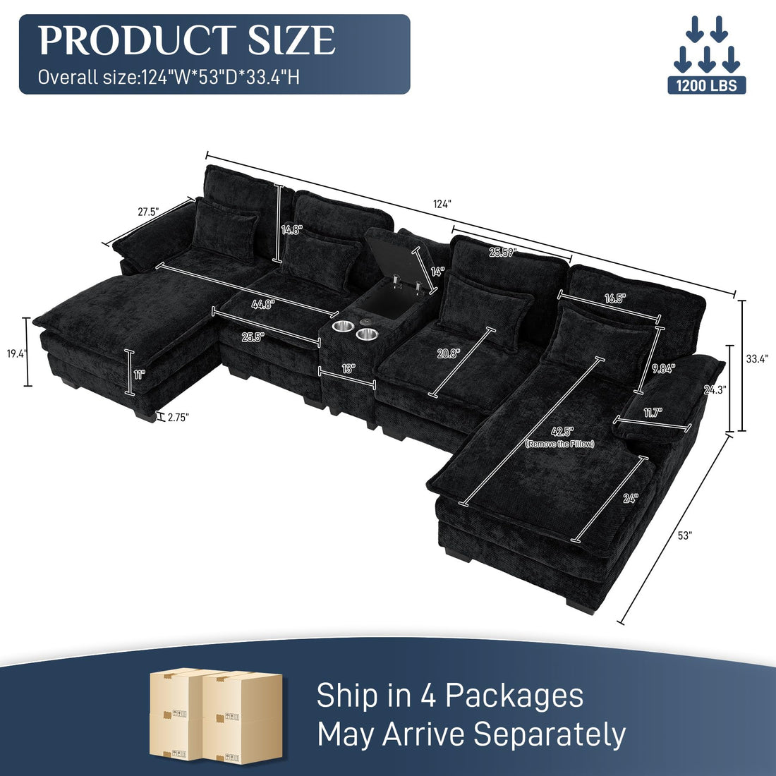 124" U-Shaped Cloud Sofa with USB