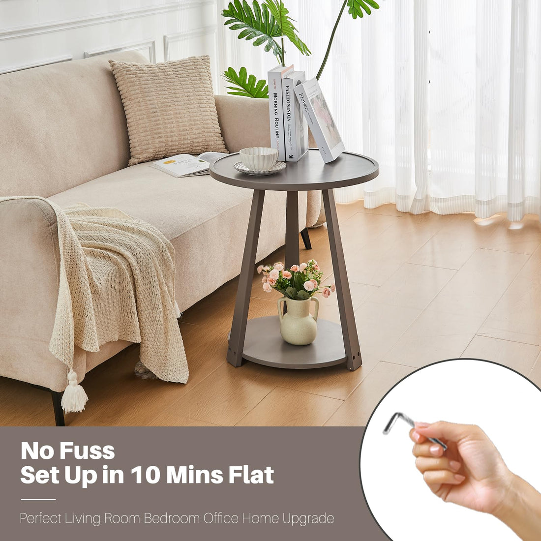 Gray Solid Wood Round Side Table with Shelf