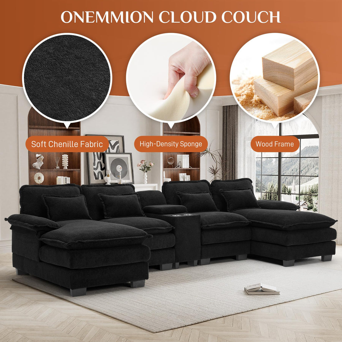 124" U-Shaped Cloud Sofa with USB
