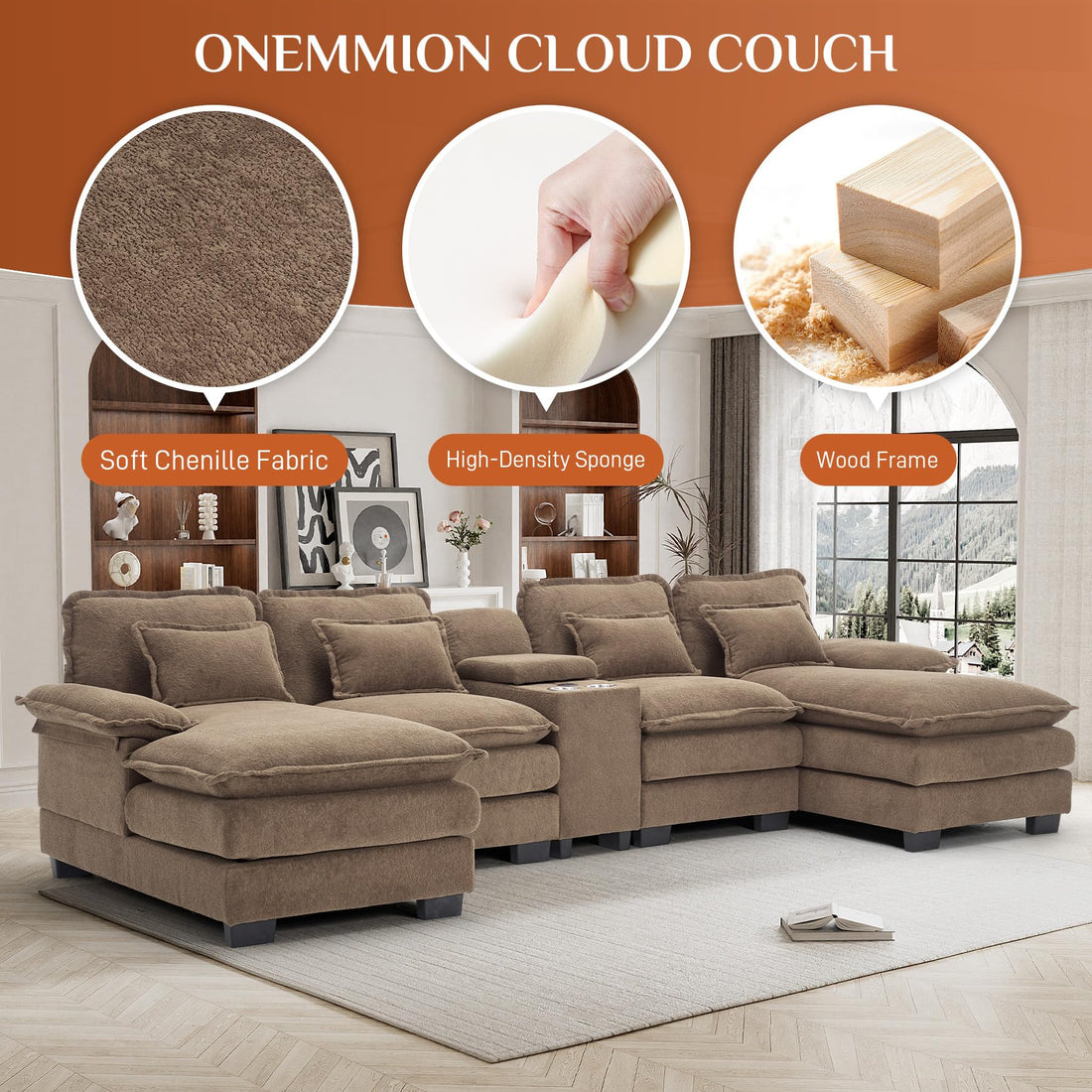 124" U-Shaped Cloud Sofa with USB