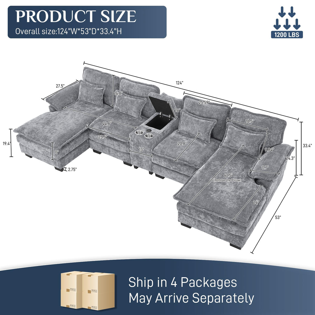 124" U-Shaped Cloud Sofa with USB