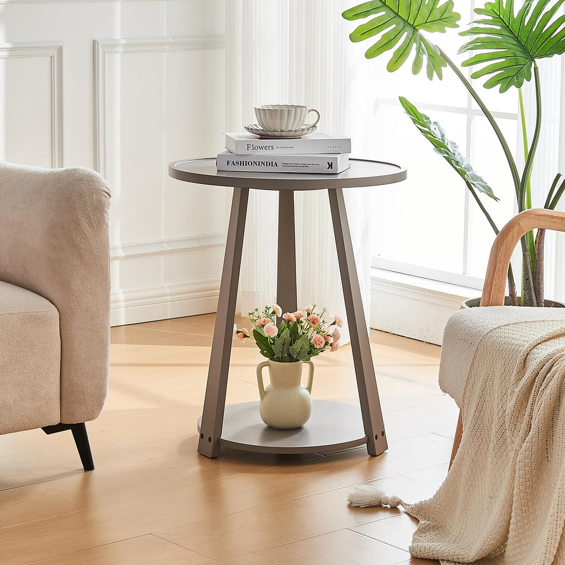 Gray Solid Wood Round Side Table with Shelf