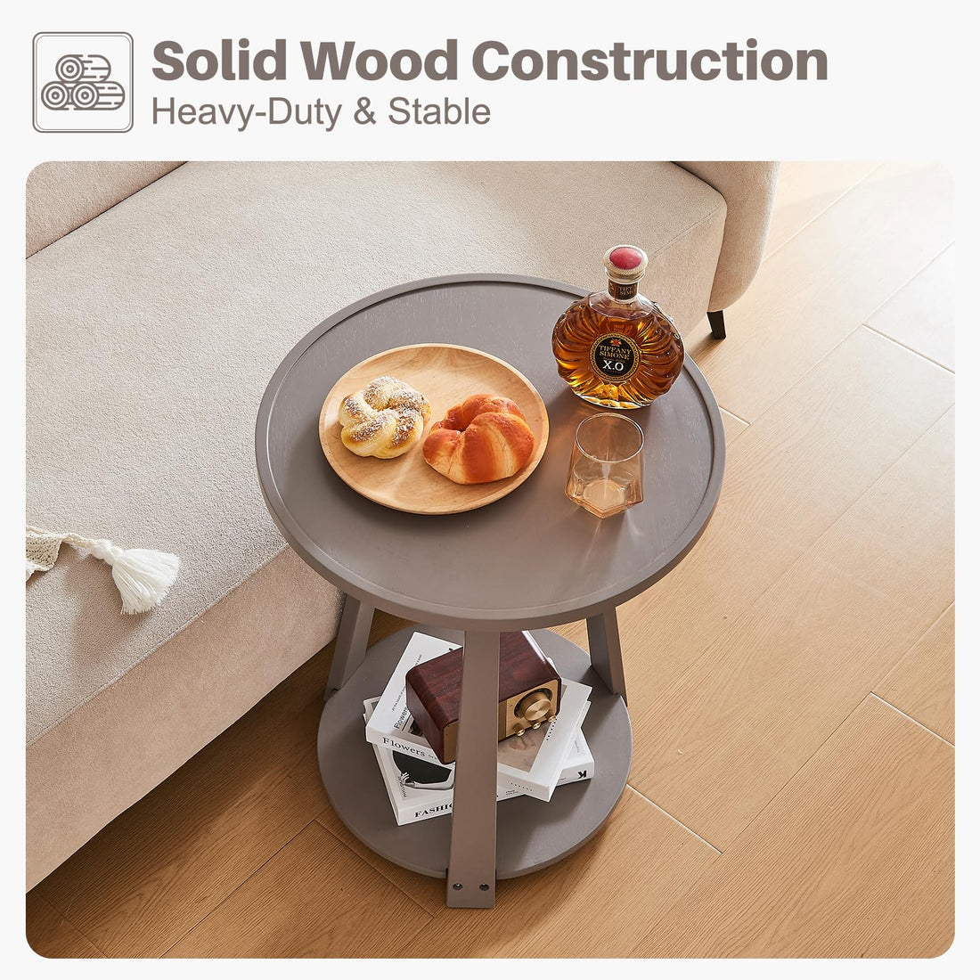 Gray Solid Wood Round Side Table with Shelf