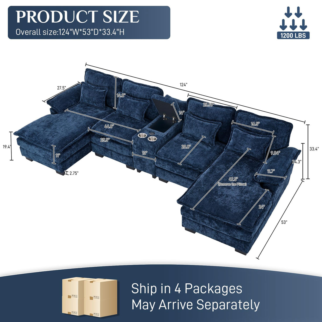 124" U-Shaped Cloud Sofa with USB