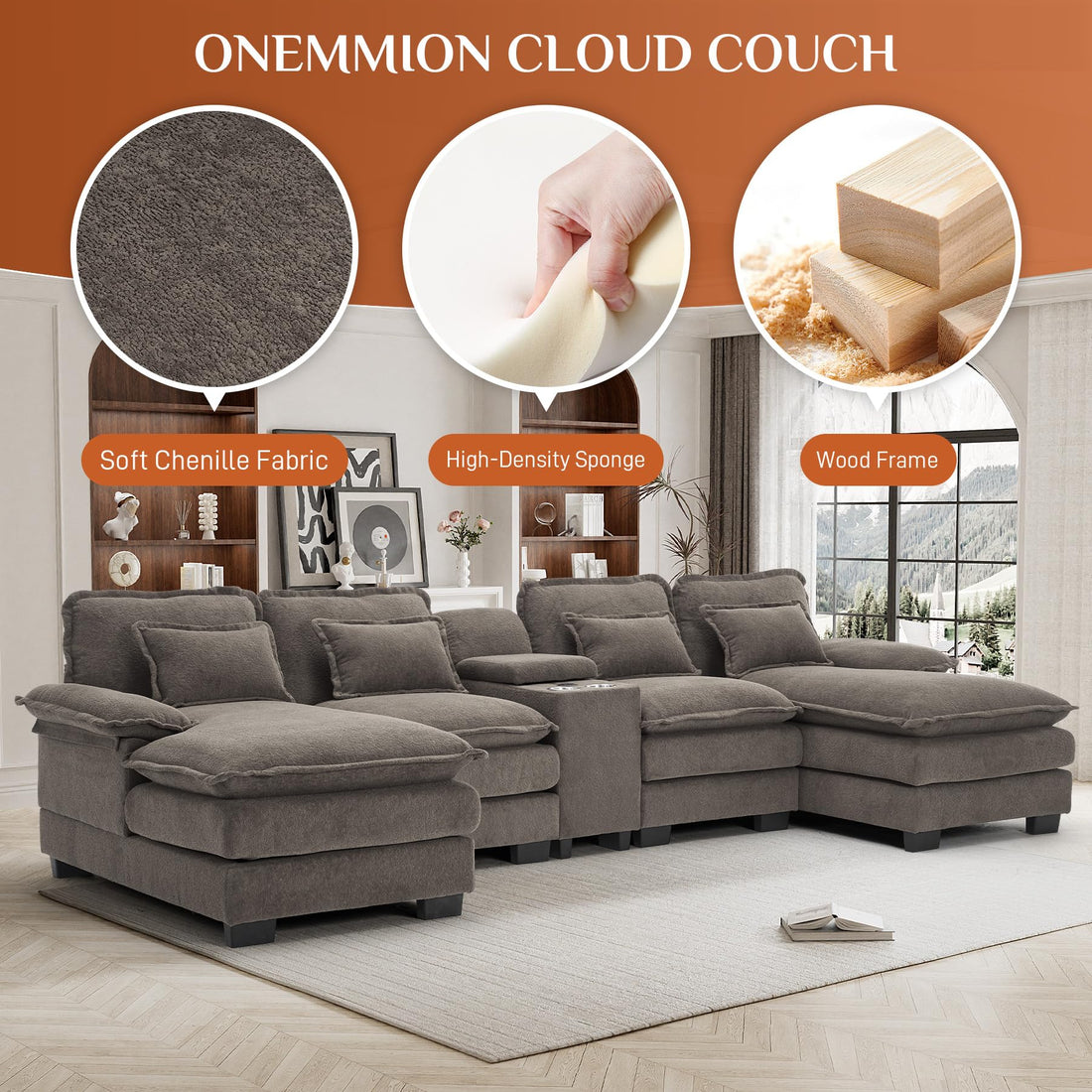 124" U-Shaped Cloud Sofa with USB