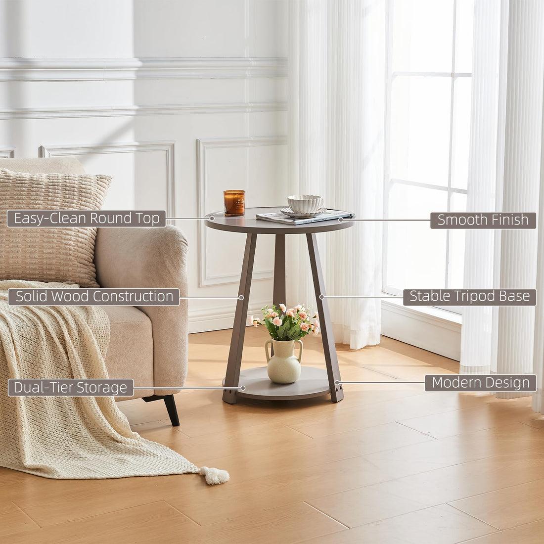 Gray Solid Wood Round Side Table with Shelf