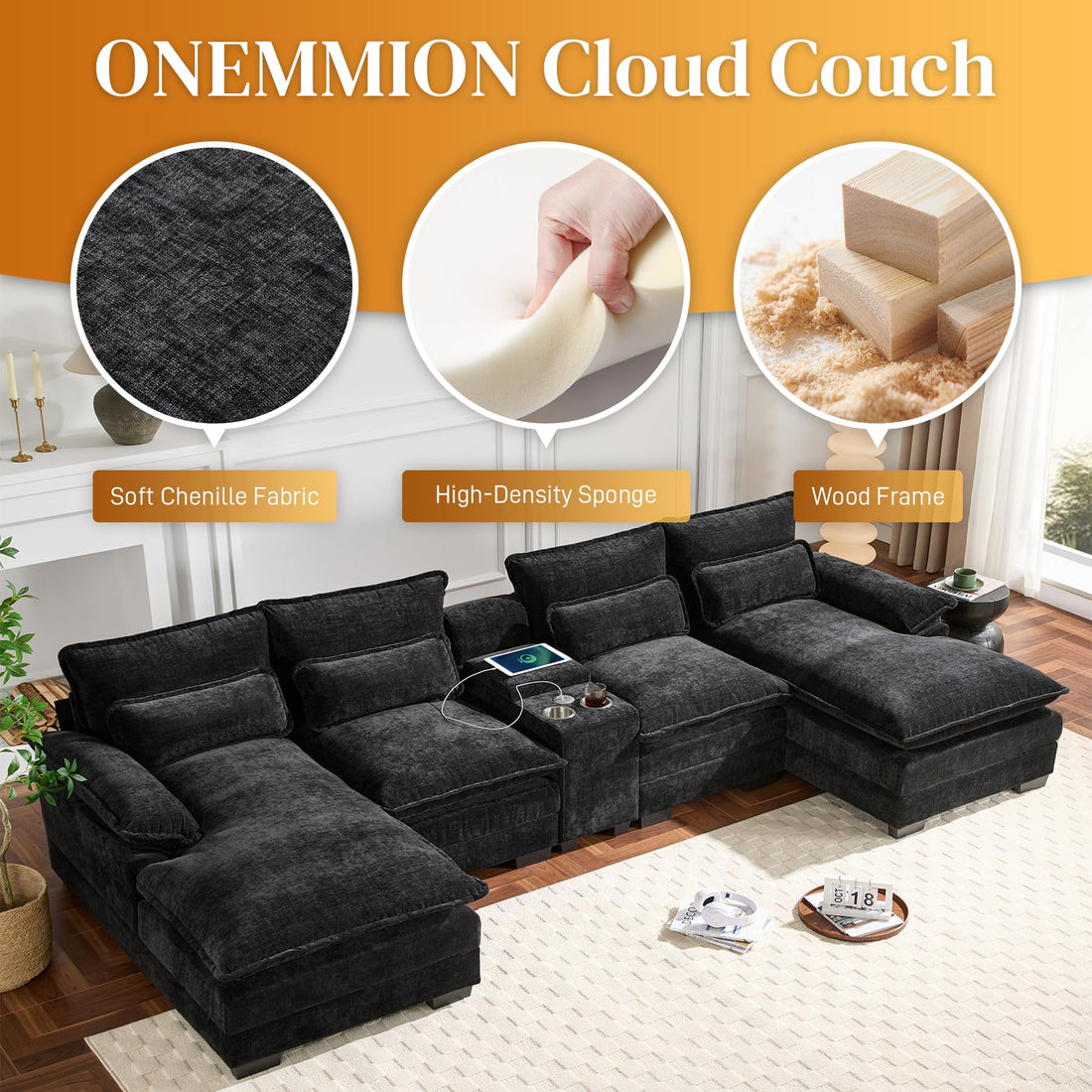 124" U-Shaped Cloud Sofa with USB