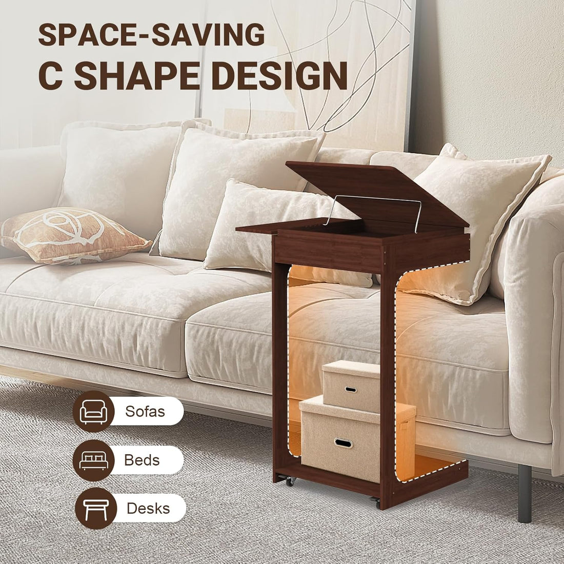 C-Shaped End Table with Wheels