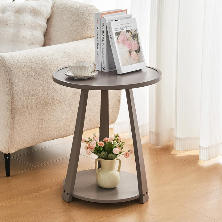 Gray Solid Wood Round Side Table with Shelf
