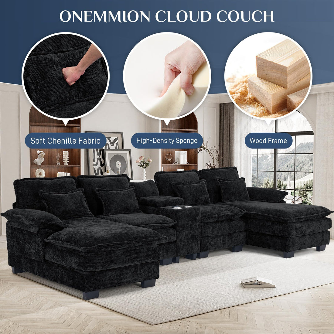 124" U-Shaped Cloud Sofa with USB