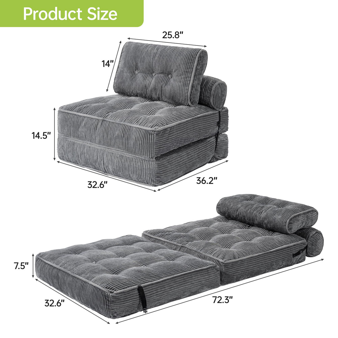 Folding Sofa Bed Chair – Gray