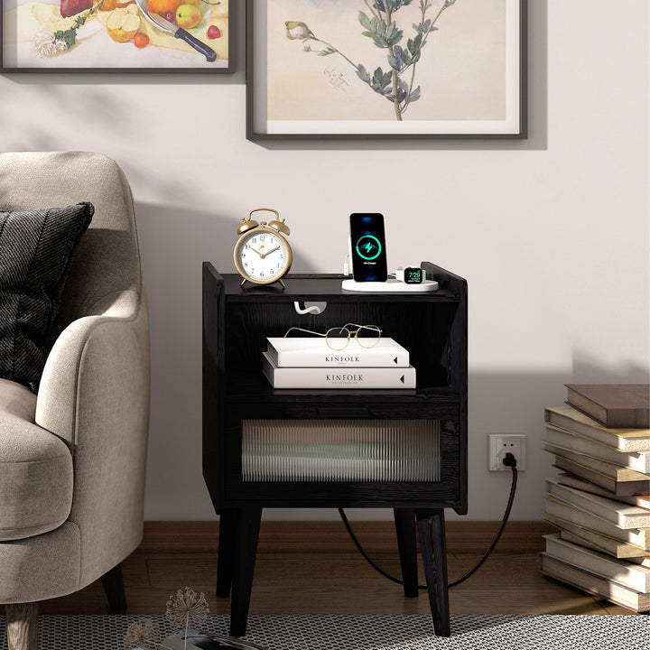 Black Nightstand with Charging Station