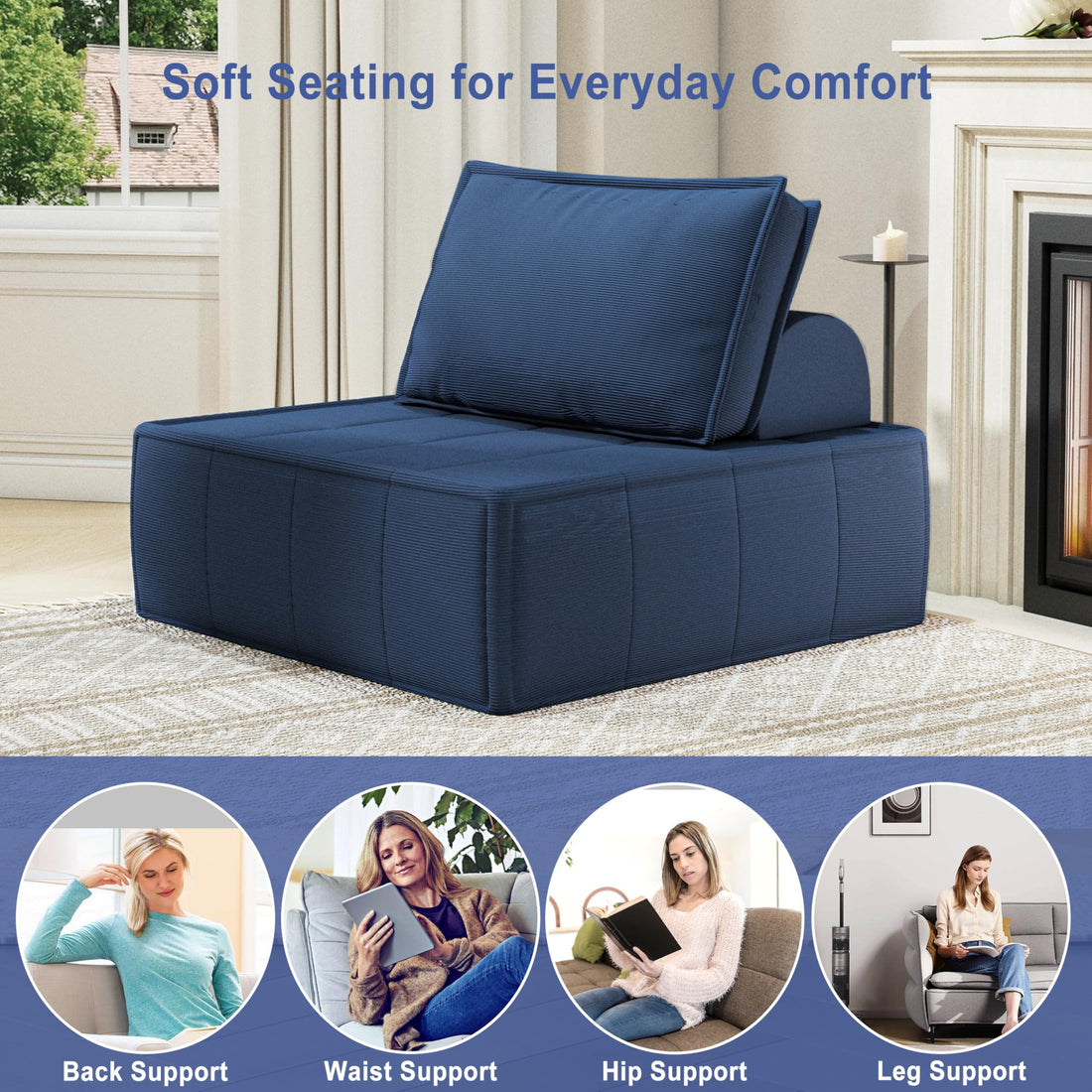 Modular Blue Corduroy Sofa Sleeper – 35"