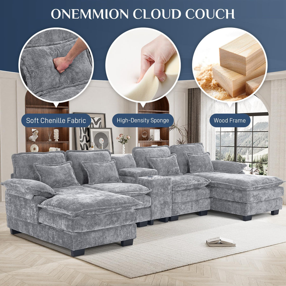 124" U-Shaped Cloud Sofa with USB